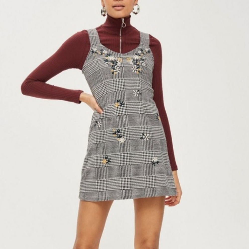 TopShop Houndstooth Embroidered Mini Tank Dress